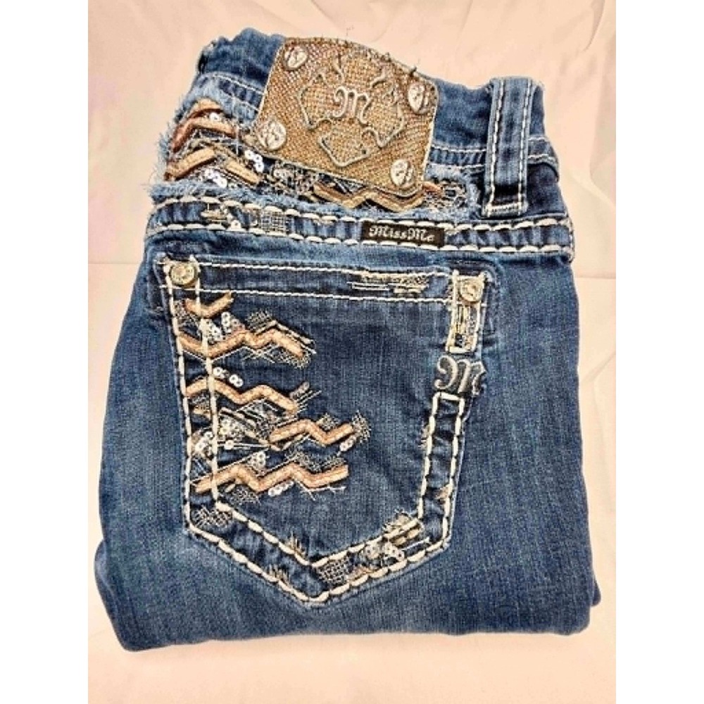Miss Me Bootcut Jeans Womens 28x28 Medium Wash Embellished Sequins Low Rise Blue